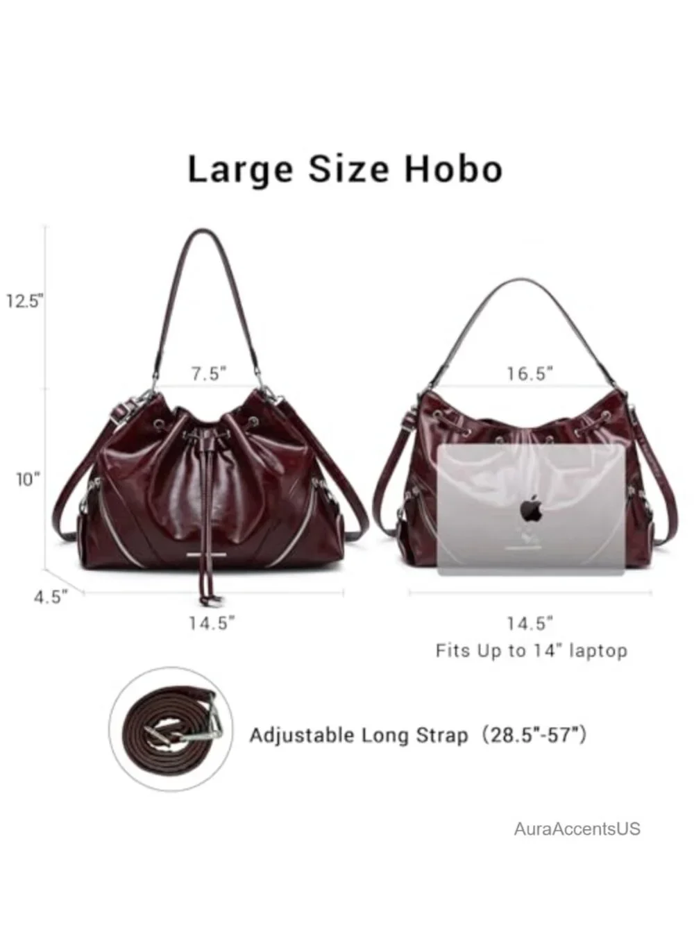 Vegan Leather Hobo Drawstring Bucket Tote Bag with 7 Pockets